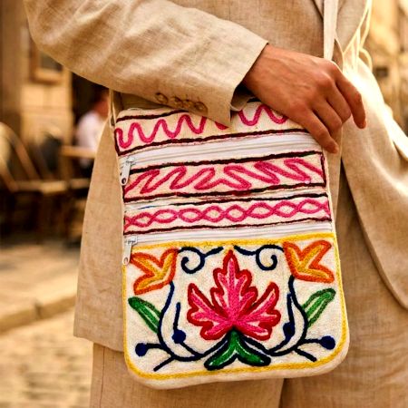 Hand Embroidered Kashmiri Wool & Canvas Crossbody Bag with Floral Motifs
